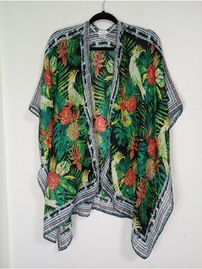 Nine West Kimono Cardigan Open Front Lightweight One Size Tropical Bird Print